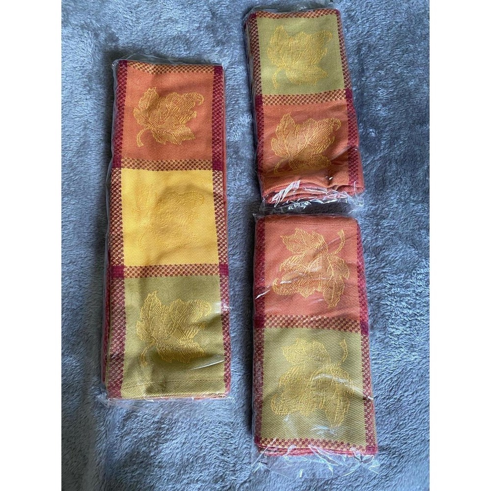 Pampered Chef Towels Napkins Set Of 6 Fall Leaf Strips NOS k7